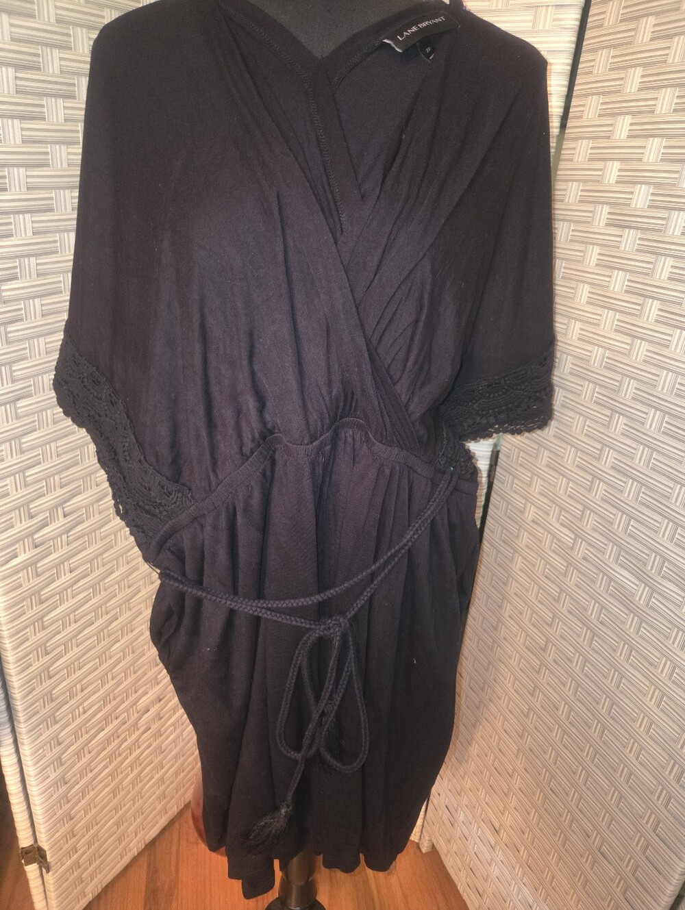 Lane Bryant Black Knit Faux-wrap Romper with Crochet Sleeve Trim